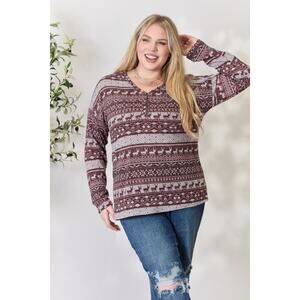 HEIMISH Burgundy Christmas Reindeer Long Sleeve V-Neck Henley Top NEW 3X